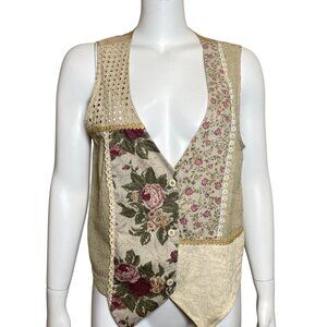 Vintage Judy Knapp Patchwork Floral Vest Womens M Button Up Cottagecore Prairie